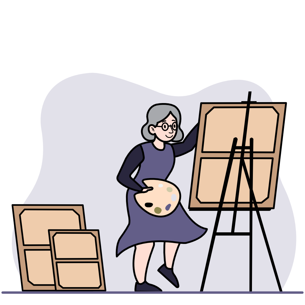 Une femme âgée avec des cheveux gris et des lunettes, portant une robe violette, tient une palette de peinture et se tient à côté d'un chevalet avec une toile vide. À côté d'elle, il y a deux toiles empilées contre le mur