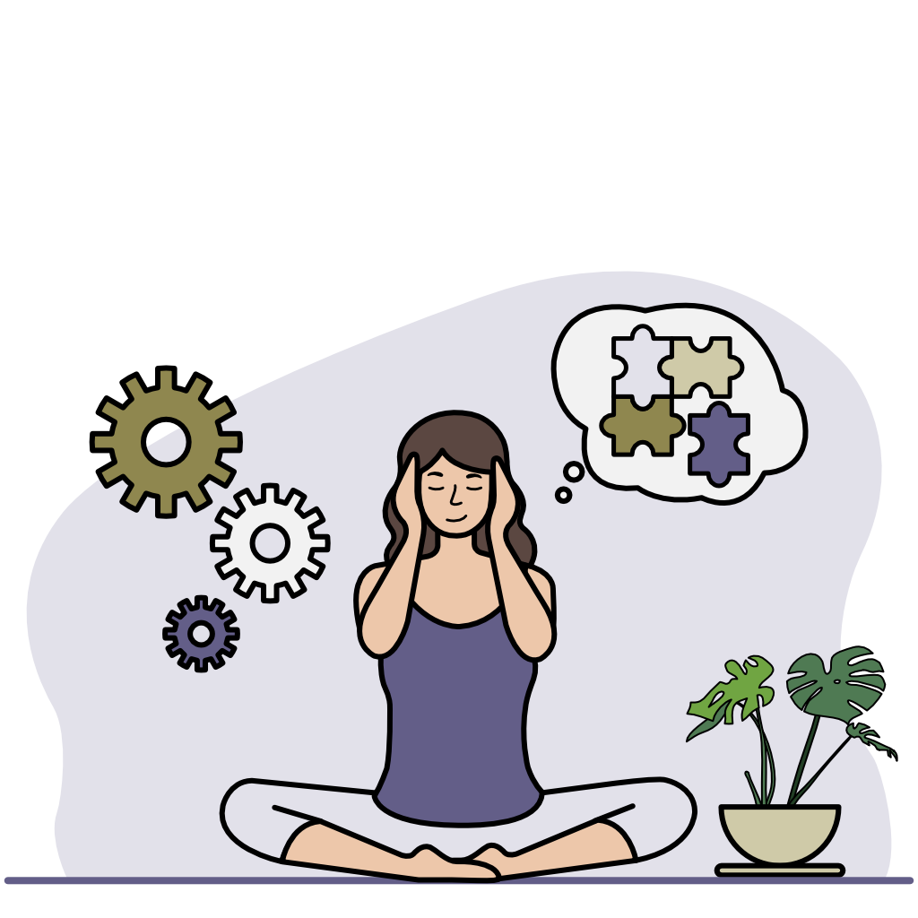 Une femme assise en position de méditation, les mains sur les oreilles, avec une expression de concentration. Autour d'elle, il y a des engrenages et une bulle de pensée contenant des pièces de puzzle, symbolisant peut-être la résolution de problèmes ou la recherche de solutions