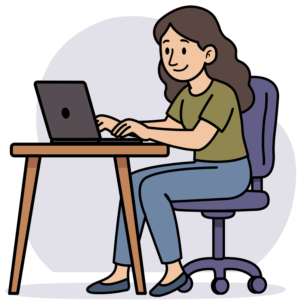 Une femme avec de longs cheveux bruns est assise à un bureau, travaillant sur un ordinateur portable. Elle porte un t-shirt vert et un pantalon bleu, et elle est assise sur une chaise de bureau avec des roulettes.