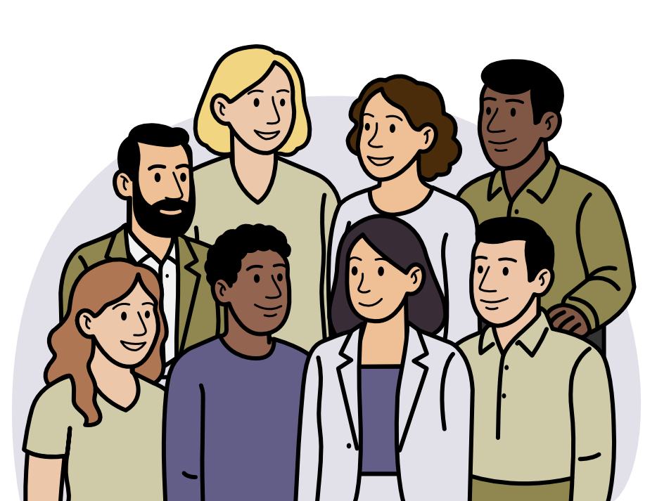 Un groupe de six personnes, composé de trois hommes et trois femmes, se tient debout côte à côte en souriant. Ils sont illustrés dans un style de dessin animé et semblent former une équipe ou un groupe uni.