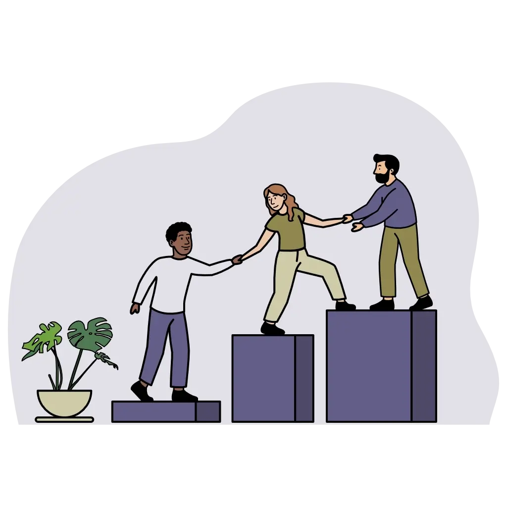 Illustration de la progression par étapes dans la formation de praticien en thérapies brèves : trois personnes se tendent la main pour gravir ensemble des marches ascendantes, symbolisant l'accompagnement personnalisé, la montée en compétences progressive et la dynamique de groupe au cœur du parcours de formation.